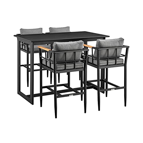 Armen Living Orlando Outdoor Patio 5-Piece Bar Table Set with Cushions Dark Grey