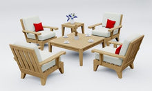TeakStation 6 Pc Teak Wood Lounge Chair Set: 4 Lounge Chairs, Square Coffee Table & Side Table with Cushions in Outdoor Sunbrella Fabric #5404 Canvas Natural