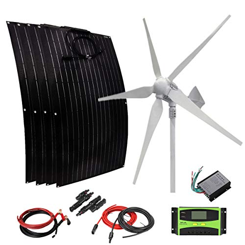 AUECOOR 1200W 24V Solar-Wind Power Kit for 24V Battery Charging: 4pcs 100W ETFE Flexible Solar Panel + 800W Wind Turbine + Accessories