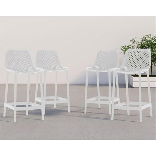 Afuera Living Set of 4 Outdoor Bar Stools, 17.32" Seat Width, White Polypropylene Plastic, Weather Resistant, Stackable, Contemporary Design for Patio or Indoor Seating