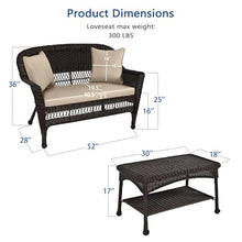 Jeco Wicker Patio Love Seat and Coffee Table Set with Tan Cushion, Black