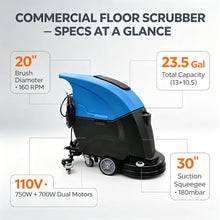 EQCOTWEA Commercial Floor Scrubber Machine 20" Walk-Behind Auto Scrubber