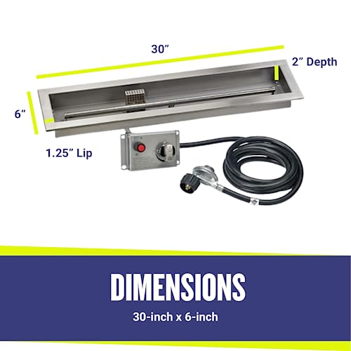 American Fire Products | 30" x 6" Linear Drop-In Fire Pit Pan with Electric Ignition System Kit, CSA | Stainless Steel, Use in Outdoor Fire Pit | For Natural Gas or Propane Fires