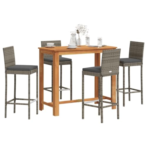 LKJVFCPW 5-Piece Patio Bar Set, Outdoor High Top Dining Table and 4 Stools, PE Rattan and Acacia Wood Furniture for Garden, Backyard, and Balcony