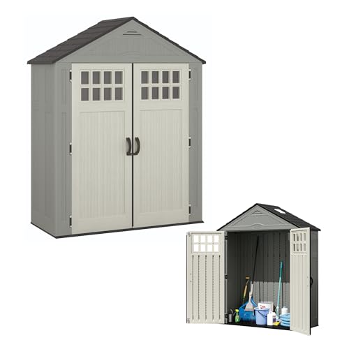 Suncast Everett 6x3 ft Vertical Storage Shed - Resin Outdoor Garden Shed with Floor, Windows, Skylight & Lockable Double Doors. Slim Yard Storage for Utility Tools & Backyard Equipment