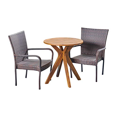 Great Deal Furniture GDFStudio Outdoor 3 Piece Acacia Wood and Wicker Bistro Set Teak Finish + Multi Brown