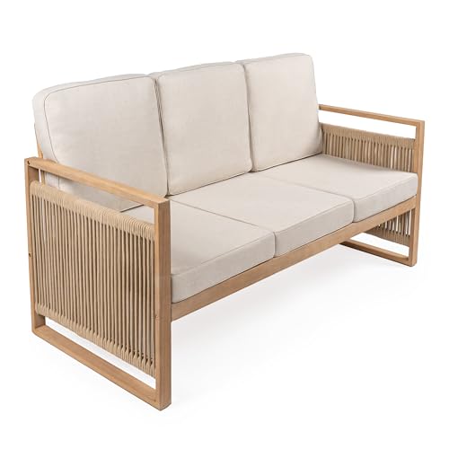 JONATHAN Y Gable 63" Rope 3-Seat Outdoor Patio Sofa, Beige/Light Teak