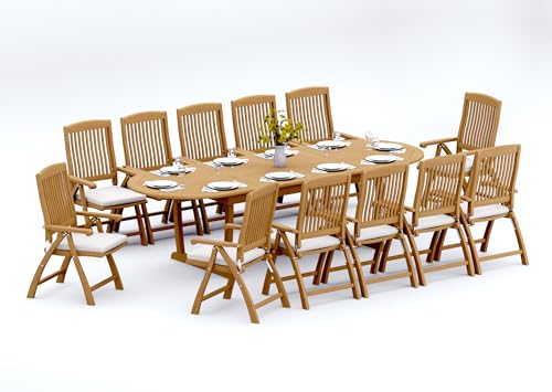 WholesaleTeak 12 Seats 13 Pcs Grade-A Teak Wood Dining Set: 118" Double Extension Mas Oval Trestle Leg Table and 12 Marley Folding Reclining Arm Chairs #11MR2712
