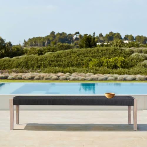 Hassyee Natural Eucalyptus Wood Frame Garden Bench w/Charcoal Woven Rope Seat for Backyard, All Weather Outdoor Patio Bench w/Solid Wood Frame & Open Weave Structure for Porch, Poolside