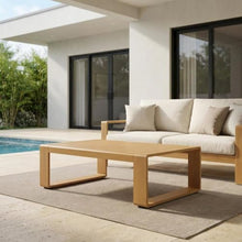 Outdoor Escape Aluminum Faux Wood Outdoor Coffee Table with Slatted Top, Rectangular Patio Coffee Table for Deck, Porch and Balcony, Natural
