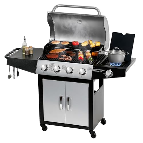 MASTER COOK 4 Burner Gas Grill with Side Burner, 518 Sq. In. Cooking Area, 52,000 BTU Propane Grills, Stainless Steel Cabinet BBQ Grill for Outdoor Patio, Garden and Backyard