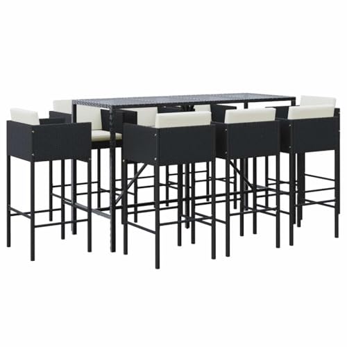 9 Piece Patio Bar Set with Cushions, Black Poly Rattan Outdoor Furniture