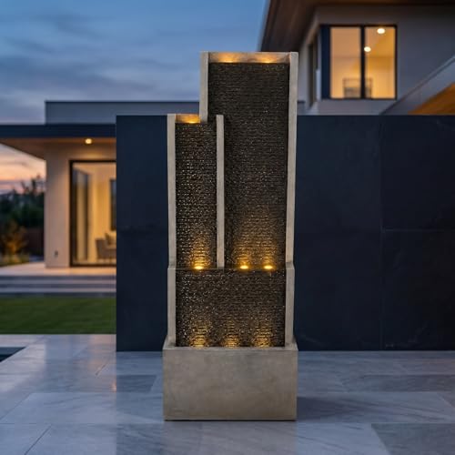 Outdoor Water Fountain, 70.8” Tall Modern Resin Waterfall Fountain