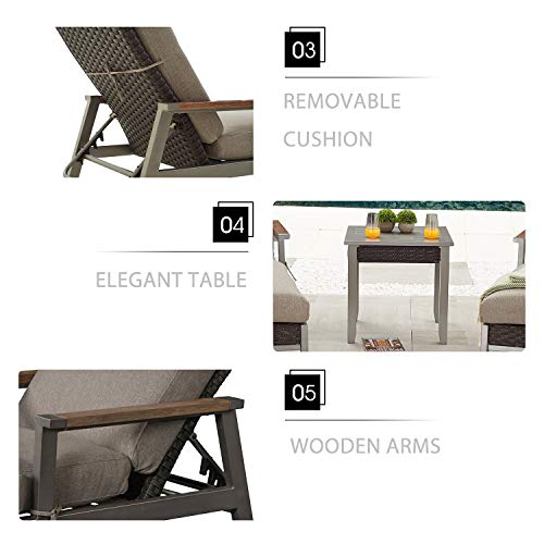 LOKATSE HOME 3-Piece Outdoor Patio Chair Set with Adjustable Metal Rattan Reclining Chairs and Side Table Dark Gray