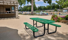Barco Products SuperSaver Commercial Rectangular Picnic Table, 8 ft Seats 8, Green Thermoplastic-Coated Expanded Metal, 1-5/8 in. Umbrella Hole, Portable or Surface Mount, 10-Year Guarantee