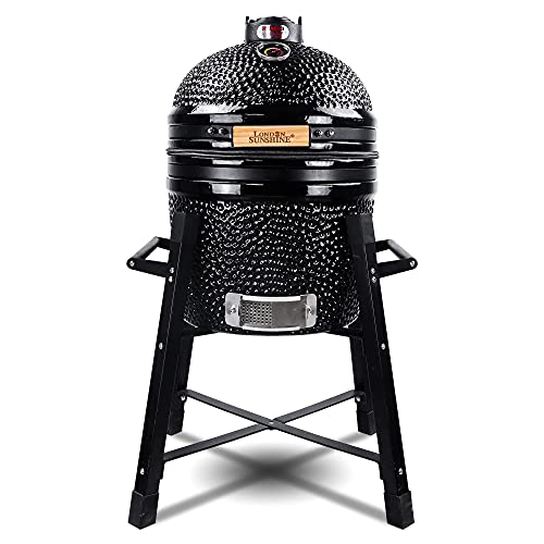 London Sunshine Ceramic Kamado Charcoal BBQ Grill and Smoker, Stainless Steel Grates -15" Ceramic with Tall Stand (BLACK)
