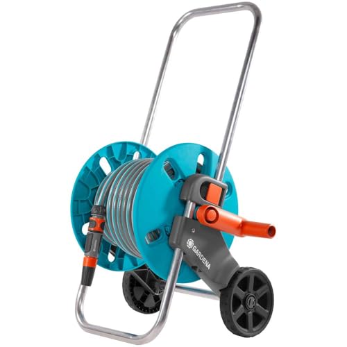 Gardena 18502-26 AquaRoll Trolley S Set, Complete with 20 m Hose, System Parts and Spray Nozzle, US Size s, Grey, Turquoise, Black, Silver, Orange