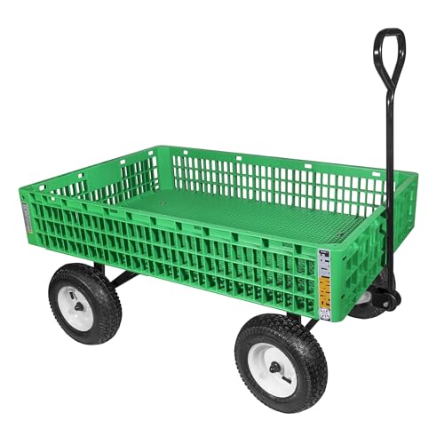 FARM-TUFF Plastic Mesh Crate Garden Wagon, 43.5" x 28" - Heavy-Duty Poly Utility Cart with Pneumatic Tires, 800lb Capacity & Powder-Coated Frame for Gardening, Landscaping & Yard Work