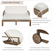 Farmhouse-Styled Wooden Outdoor Double Sunbed with Adjustable Backrests for Ultimate Relaxation 2 People Patio Daybed Seating with Wheels, Garden Reclining Chaise Lounge (Beige Cushion)