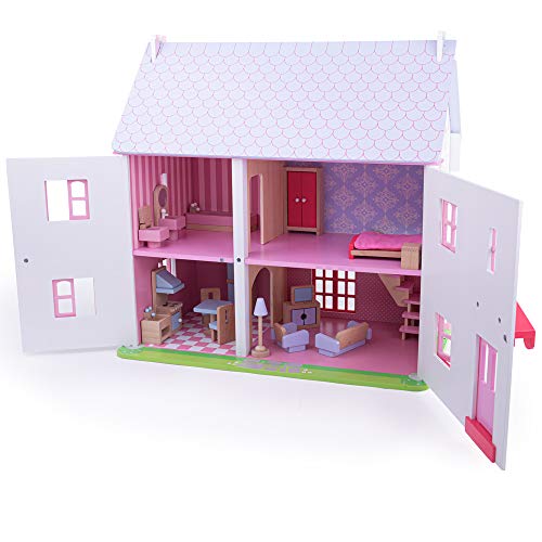 Bigjigs Toys Heritage Rose Cottage Wooden Doll House Dark Green