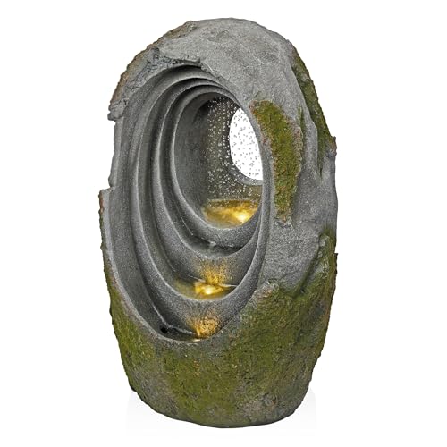 Alpine Corporation WIN1702 32" H, 4-Tier Rainforest Fountain with LED Lights, Oval Shaped – Outdoor Waterfall Feature for Garden & Patio Décor, Brown