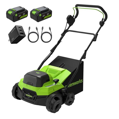 Greenworks 48V (24V x 2) 15” Cordless Lawn Scarifier & Dethatcher, Includes (2) 4.0Ah Batteries & 65W Charger, Adjustable Depth Lawn Groomer, Yard Thatch Grass Remover for Backyard, Garden Care