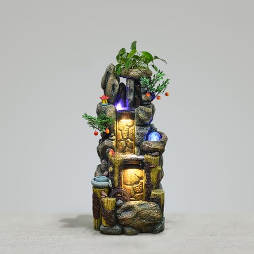 Rustic Rock Water Fountain with LED Lights and Planter Accents – Indoor/Outdoor Cascading Waterfall Feature for Home or Garden Decor(2117)