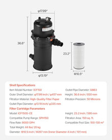 VEVOR Cartridge Pool Filter System | 150 Sq. Ft, Compatible with 2.5HP–3HP Pumps, Max Flow 8136 GPH, for Pools Up to 34342 Gallons