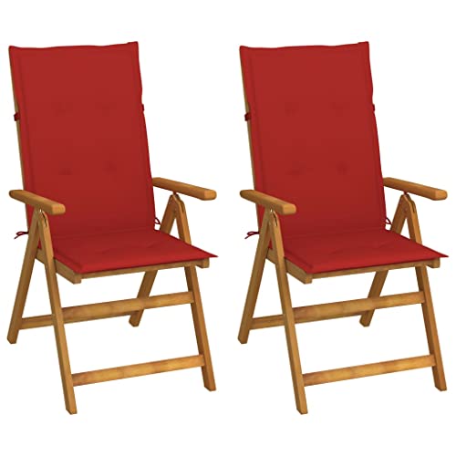 KKgypkn Garden Reclining Chair Set of 2 with Red Cushions and Brown Solid Acacia Wood Frame, Durable Outdoor Seating for Patio, Balcony, Multi-Position Backrest, Weather-Resistant