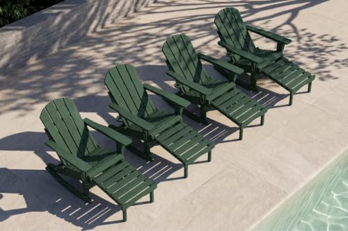 Patio Kingdom 4-Piece HDPE Adirondack Rocking Chairs Set, Heavy Duty Folding Outdoor Fire Pit Chairs, Weather Resistant Patio Rocker Set for Backyard Lawn Deck Seating Conversations, Forest Green