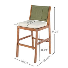 Christopher Knight Home Arly Outdoor Bar Stools Set of 2, Acacia Wood Frame Bar Stool with Cushion, Patio Outdoor Chairs Set, Island Stools with Woven Wicker Back for Balcony Garden, Green+Cream+Teak