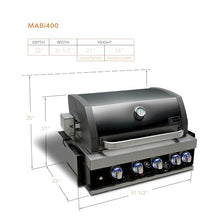 Mont Alpi Black Stainless Steel Outdoor Kitchen Island 32"W 4-Burner Built-in BBQ Grill + Accessories - Flat Top Griddle Hot Plate + Pizza Kit with Cutter & Stone + Spatulas + Tongs + Cleaning Brush