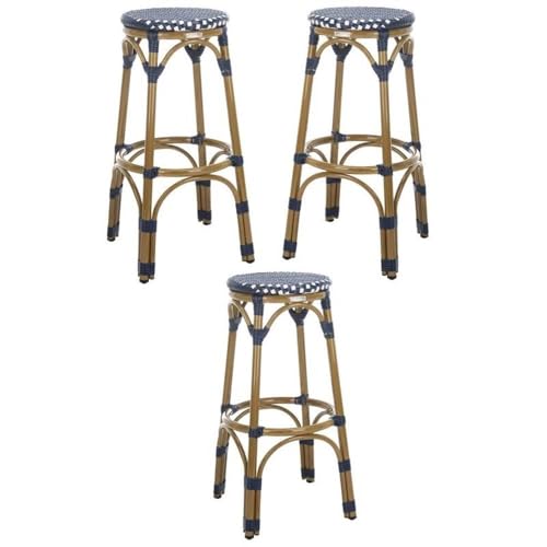 Home Square 30" Wicker Bar Stool in Navy and White - Set of 3