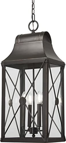 THE GREAT OUTDOORS 73298-143C De Luz Outdoor Chain Hung Lantern, 4-Light, 160 Total Watts, 12.5-in H x 28.63-in W, Oil Rubbed Bronze with Gold Highlights