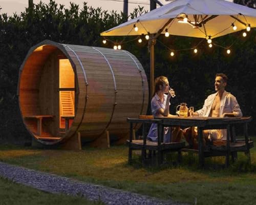Carbonized Wood Outdoor Barrel Sauna with Front Porch, 4-6 Person Round suana Room, with 6KW Wet or Dry Heater-Ship from US(Supports Truck Delivery,Also Pickup Yourself from US Warehouse)