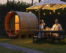 Carbonized Wood Outdoor Barrel Sauna with Front Porch, 4-6 Person Round suana Room, with 6KW Wet or Dry Heater-Ship from US(Supports Truck Delivery,Also Pickup Yourself from US Warehouse)