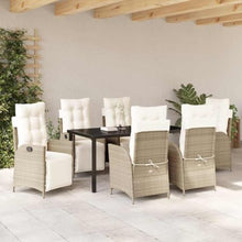 7-Piece Adjustable Outdoor Dining Set with Cushions, Beige Poly Rattan Patio Furniture Set for Garden Backyard, 6-Person Table and Chairs with Tempered Glass Top & Adjustable Footrests