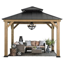 Sunjoy 11x11 ft. Wood Gazebo with Black Steel Hardtop Roof and Natural Wood Frame