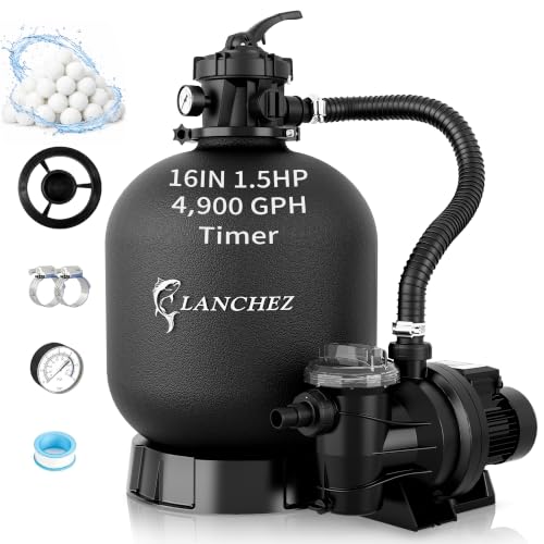 LANCHEZ Sand Filter with Pool Pump 16" 1.5HP 4900GPH, Above Ground Pool Pump with 24-Hour Timer, 7-Way Valve Sand Filter Pump System