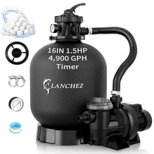 LANCHEZ Sand Filter with Pool Pump 16" 1.5HP 4900GPH, Above Ground Pool Pump with 24-Hour Timer, 7-Way Valve Sand Filter Pump System