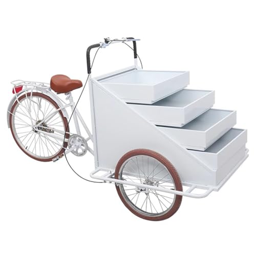 TT-YEL 4-Layer Large Capacity Tricycle Flower Display Cart, Mobile Food Coffee Cart, Commercial Flower Trailer, Retractable Rack, Large Front Loading Scooter,White