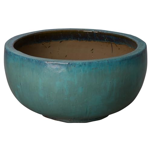 Emissary Gold & Teal Stoneware Shallow Ground Planter (Teal/Gold, 30" D x 16" H)