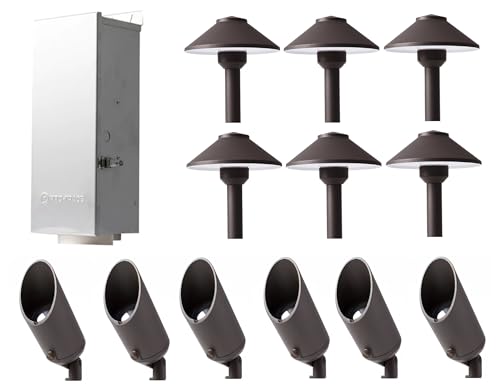 Pro-Trade Landscape Lighting Bundle - 150 Watt Transformer, 6 Bronze Path Light Fixtures, 6 Bronze Up-Light Fixtures, LED Bulbs Included - Project Pack of 12 Fixtures