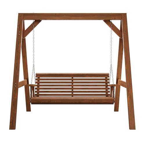 Amish Casual 6 Foot Roll Back Swing with A-Frame Stand in Oak - Freestanding Wood Porch Swing for Patio, Yard or Garden