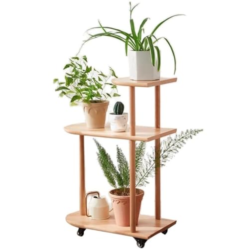 QDZC 3 Tier Wood Corner Plant Stand With Wheels, Rolling Display Shelf for Indoor Outdoor, Tall Stand Tiered Wood Flower Rack, Mobile Plant Holder Cart for Living Room yellow