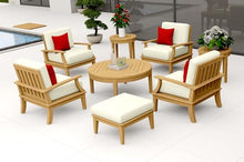 WholesaleTeak Teak Wood 8 Pc Lounge Chair Set: 4 Lounge Chairs, Ottoman, Round Coffee Table & 2 Round Side Tables with Cushions in Outdoor Fabric #5404 Canvas Natural