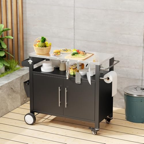 Heavy-Duty Rolling Grill Cart with Storage Shelf, Adjustable Hooks, Built-in Spice Rack and Tool Holder for Outdoor BBQ Setup (Black+Silver + Stainless Steel-1)