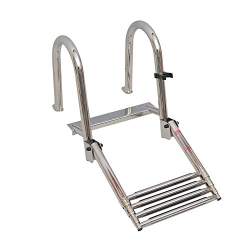 SAeWare Pool Ladders 4 Steps Drop Down Boarding Ladder, Marine Pontoon Boat Dock Heavy Duty Aluminum Boarding Ladder with Handrails, Non-Slip Treads