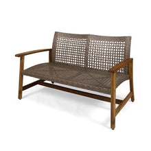 Seeheool Hampton Outdoor Acacia Wood Wicker Loveseat, Patio Furniture Conversation Set for Backyard