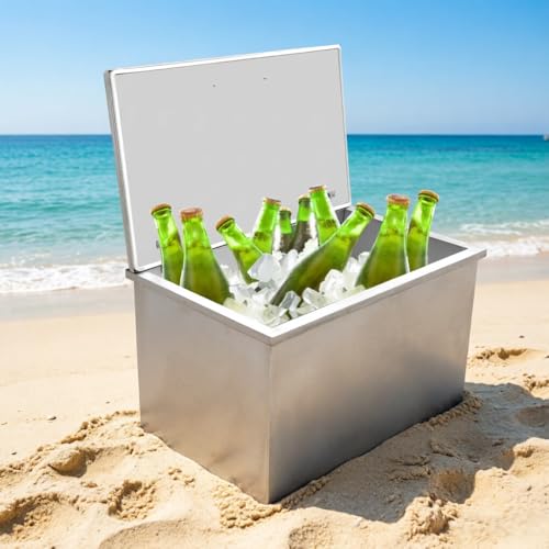 Patikuin 28" Drop-in Stainless Steel Ice Chest, Outdoor Kitchen Ice Bin Cooler, Commercial Grade Ice Cooler with Hinged Cover, Drain Pipe & Plug for Chilling Wine & Beer